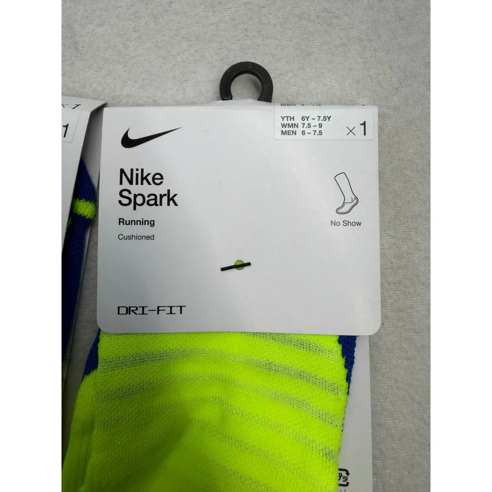 3 Nike Spark Running Cushioned No Show Socks Volt yellow Blue  M 6-7.5 W 7.5-9